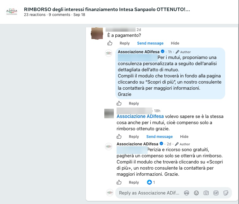 A comment thread under an ADifesa post: asked "is this paid?", the Page answers in public that the assessment and the claim are free and that a fee is due only if the refund arrives.