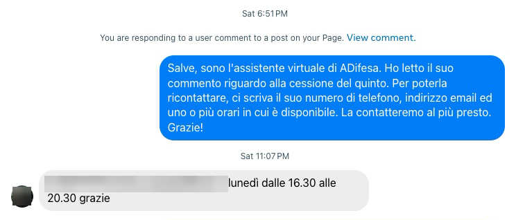 Screenshot of ADifesa's message inbox: Meta warns that this is a reply to a comment on a Page post, the assistant asks for phone, email and call-back times, and the person leaves them at 11:07pm on a Saturday.