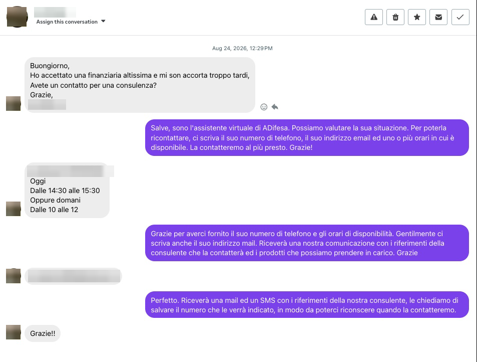 An Instagram direct message conversation: the person asks for advice, the assistant asks for phone, email and call-back times, and gets them across three messages.