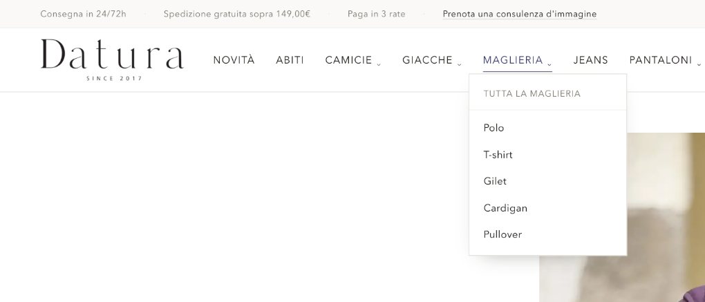 Il nuovo menu del sito di Datura Clothing, con il sottomenu della maglieria aperto